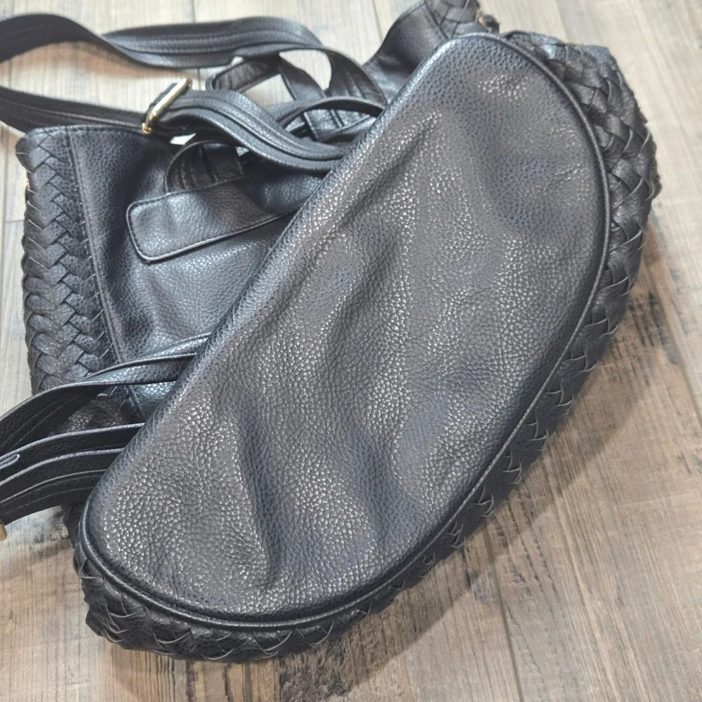 Anthropologie Deux Lux Black Woven Faux Leather Backpack Drawstring Flap Closure